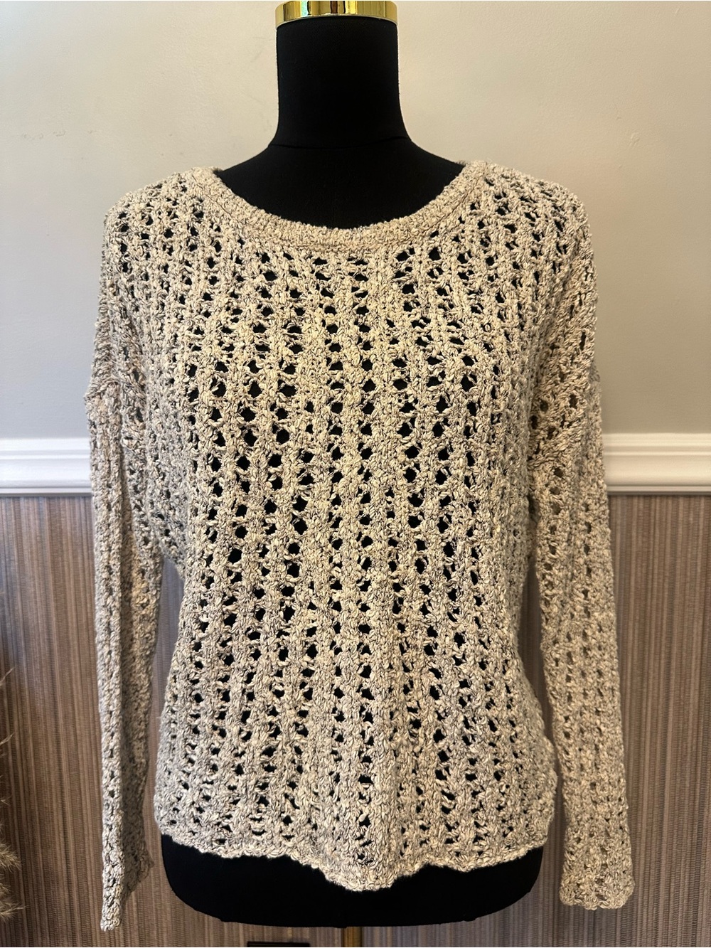 American Eagle Open Knit Crochet Sweater XS Beige Oatmeal Lightweight Pullover